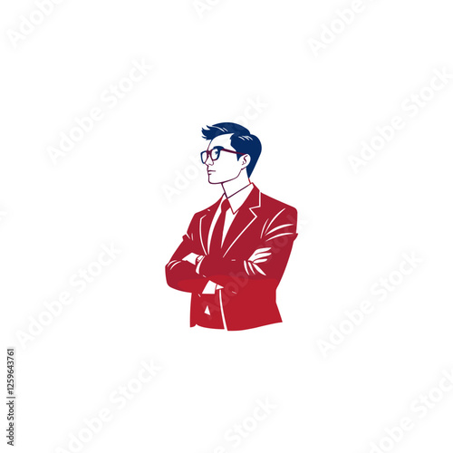 Businessman in a red and blue suit with arms crossed, confident pose