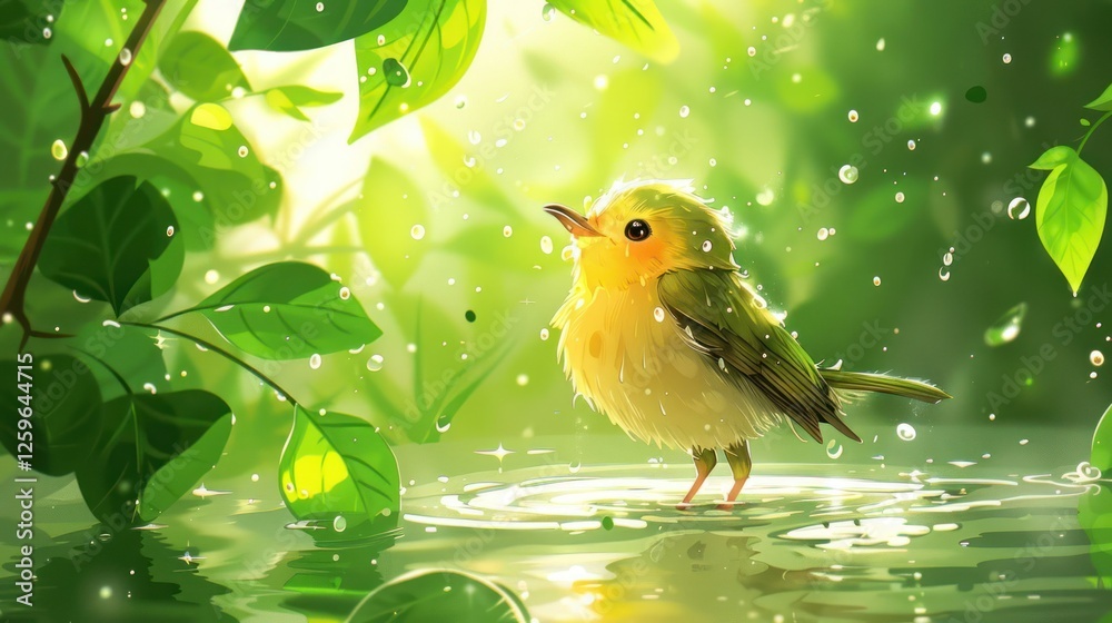 A cute bird splashes in a serene, sunlit environment surrounded by lush green leaves. A cute bird splashes in a serene, sunlit environment surrounded by lush green leaves.