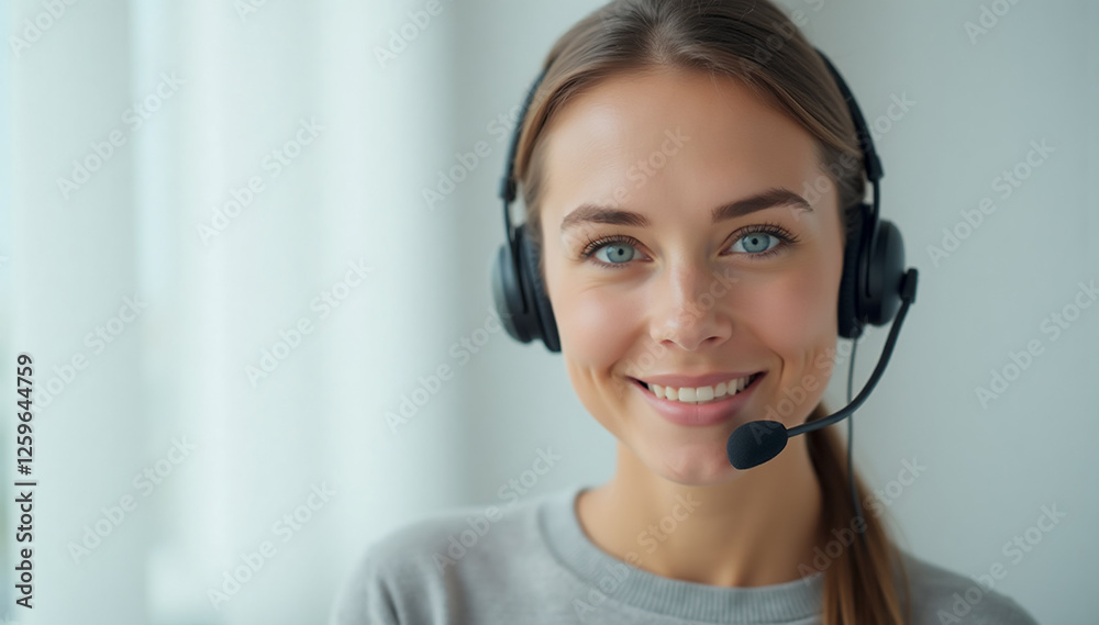 Portrait of a Young Female Customer Service Assistant with Headset IN well-lit office room Portrait of a Young Female Customer Service Assistant with Headset IN well-lit office room