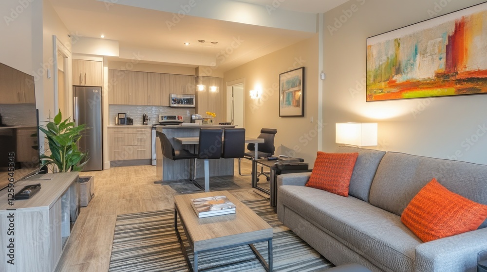 Fototapeta premium Modern open concept living room showing kitchen and dining area