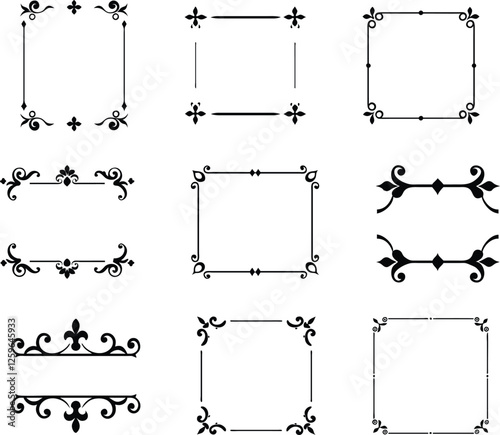 Premium vintage baroque frame scroll ornament engraving border floral retro pattern antique acanthus foliage swirl decorative design element filigree calligraphy.