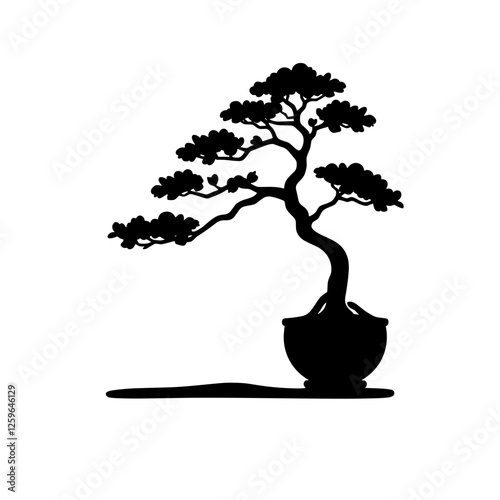 Silhouette of a bonsai tree in a pot on a white background