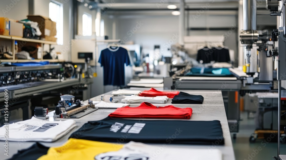 Fototapeta premium Colorful T-shirts Ready for Printing in a Manufacturing Facility