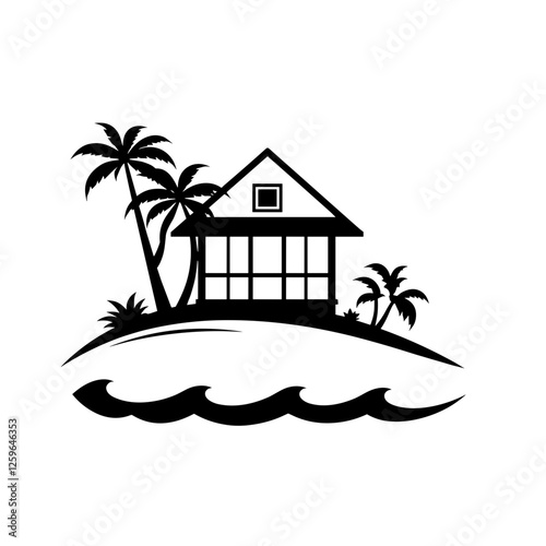  Island beach house with palm trees and ocean waves in black and white.