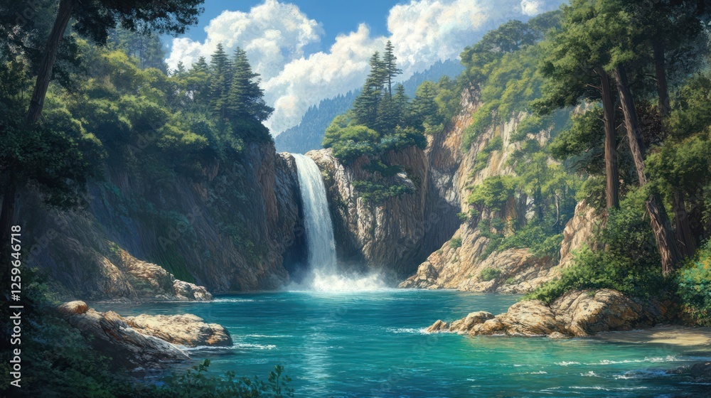 Naklejka premium Majestic waterfall cascading into serene lake, surrounded by lush forest, sunny day, perfect for travel brochures