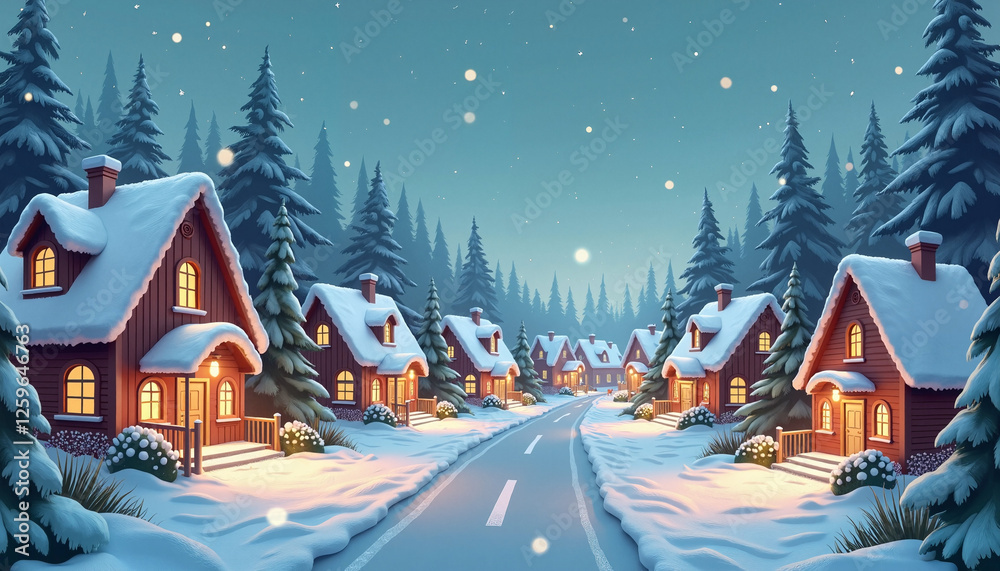Fototapeta premium Snowy village street with Christmas houses and falling snow