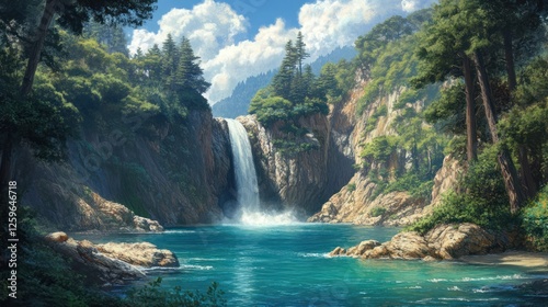 Majestic waterfall cascading into serene lake, surrounded by lush forest, sunny day, perfect for travel brochures