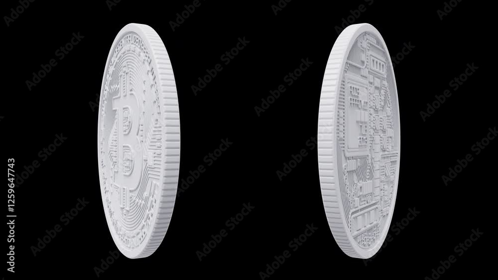3d White Bitcoin Front and Back Side Seamless looping 3d Animation in Alpha
