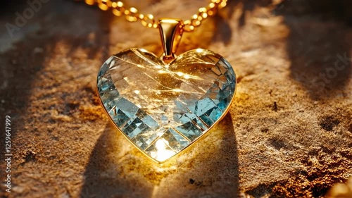 Radiant blue gemstone heart necklace on sunlit stone surface. The 14th of February. Happy Valentine's Day