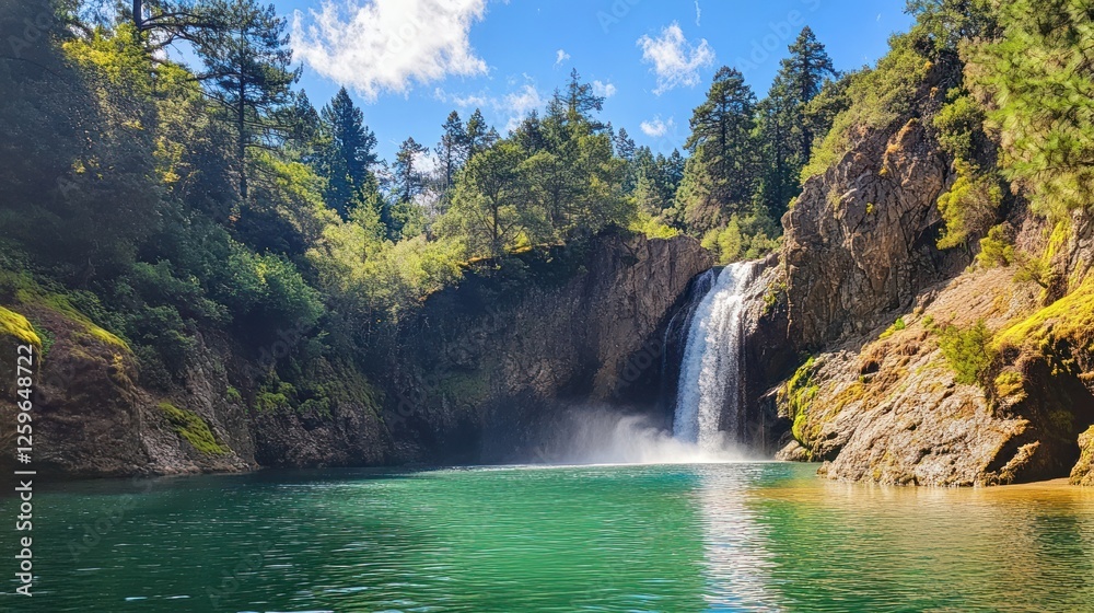 Fototapeta premium Waterfall cascades into serene pool, lush forest backdrop, sunny day, nature travel