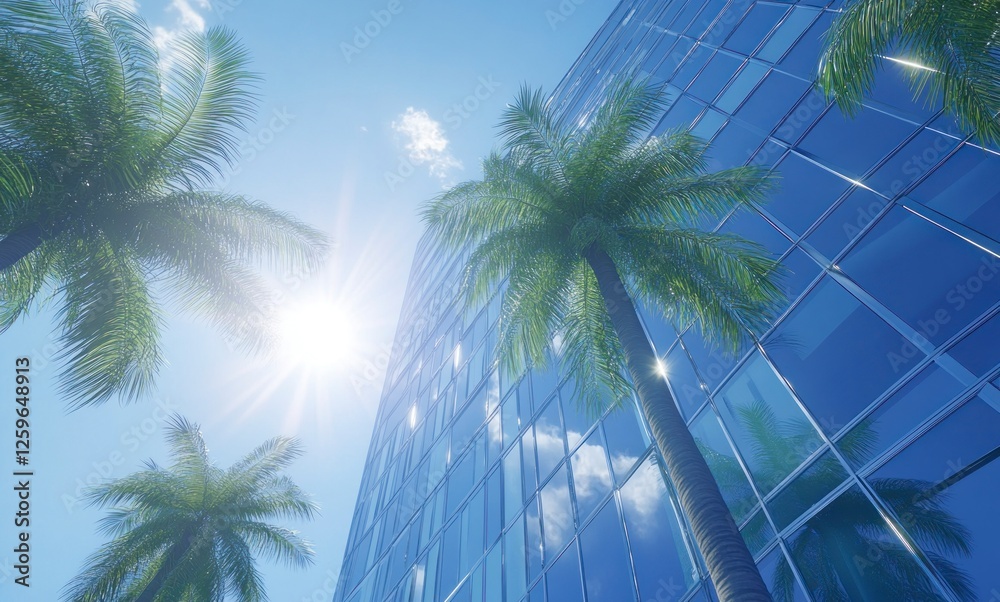 Fototapeta premium blue building with glass windows and the sun shining through, palm trees in the foreground, a bright blue sky, and a low-angle shot.