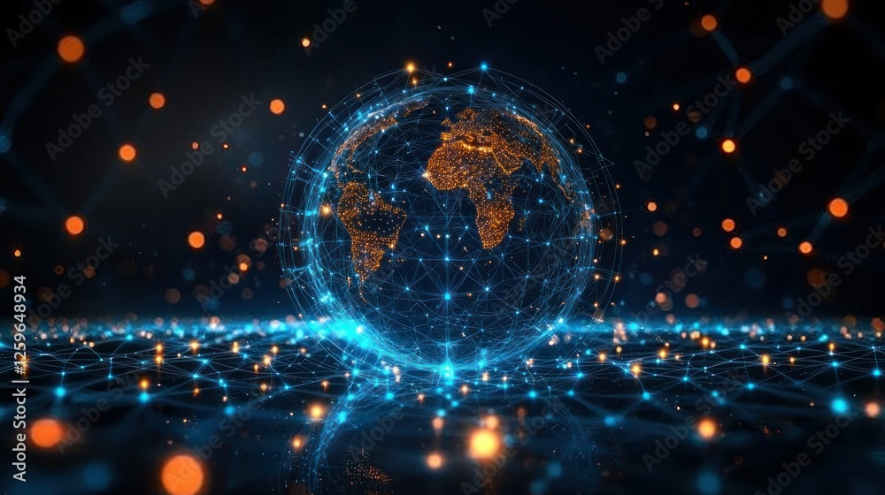 Obraz premium Global network connection, digital earth, glowing particles, dark background, technology concept