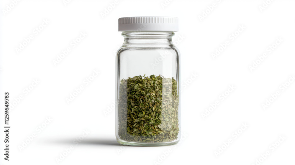 small glass bottle filled with dried herbs on white background small glass bottle filled with dried herbs on white background