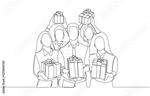 Continuous one line drawing of cheerful businesspeople holding gift boxes, appreciation gifts for employees, office celebration concept, single line art
