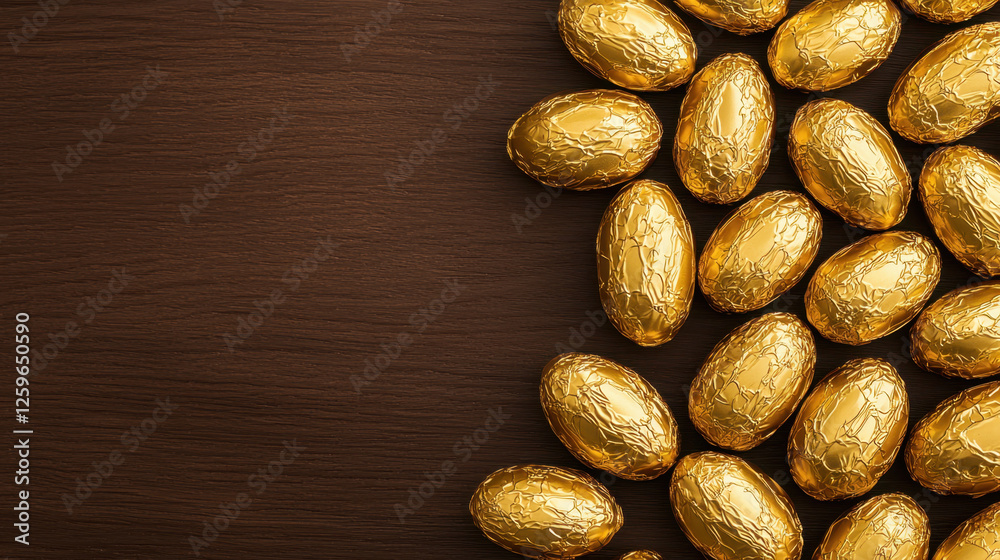 Obraz premium Golden chocolate eggs arranged on wooden surface, perfect for celebrations