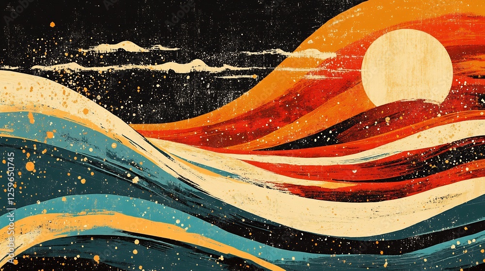 Obraz premium Serene Sunset Waves Abstract Painting Warm Color Palette. AI Generated