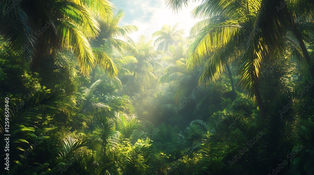 Lush tropical foliage basks in vibrant sunlight creating a serene jungle scene. AI Generated Lush tropical foliage basks in vibrant sunlight creating a serene jungle scene. AI Generated