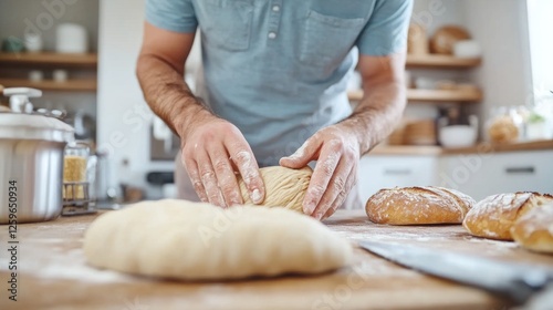 Man kneading dough on wooden kitchen counter with fresh bread in rustic home bakery