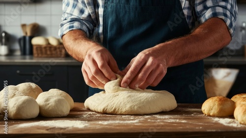 Baker kneading fresh dough on wooden table in kitchen, close-up hands, artisan bread making, homemade baking process, rustic bakery setting