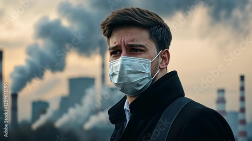 Man in mask concerned about air pollution and urban environmental issues