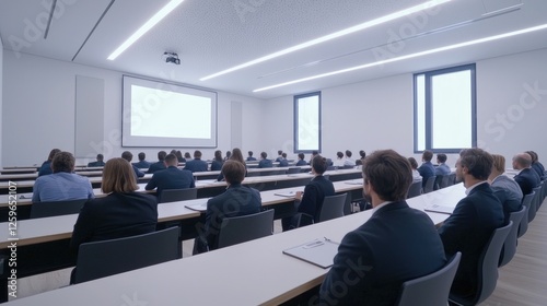 Attentive audience seated in a modern lecture hall facing a blank projection screen.