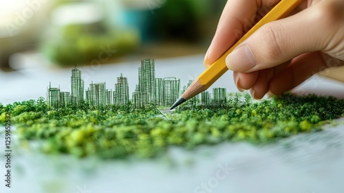 Image of a hand holding a pencil over a green sustainable building concept sketch, symbolizing the importance of eco-friendly architecture and design in creating sustainable living spaces. photo