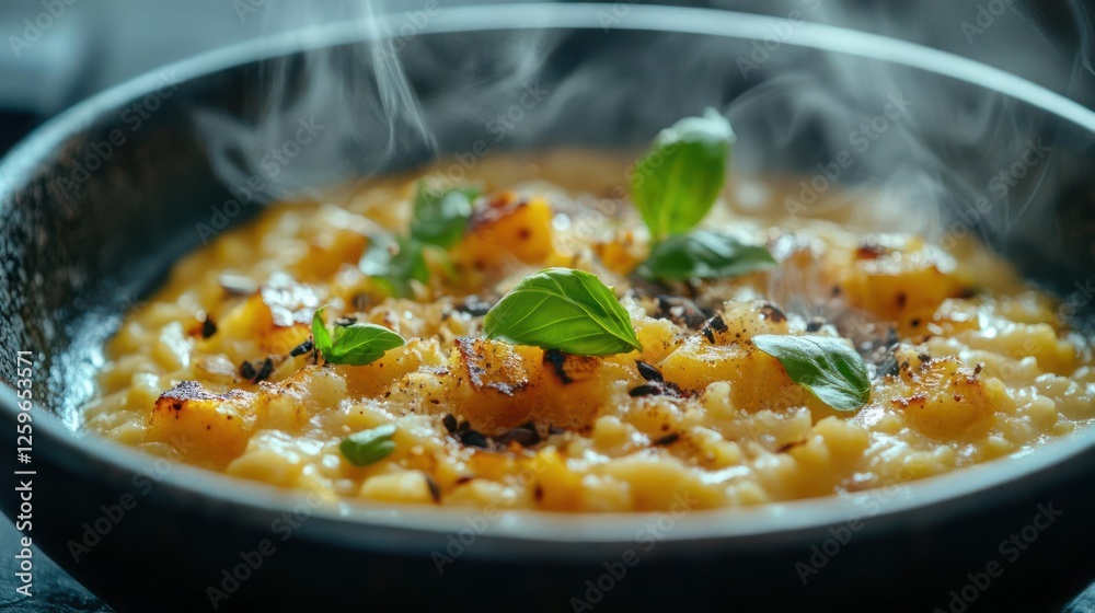 Bowl of creamy risotto with basil leaves Bowl of creamy risotto with basil leaves