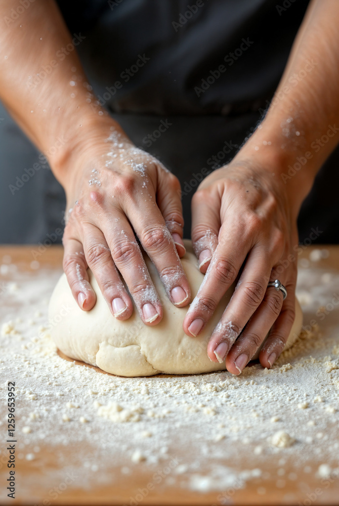 The image shows a person's hands kneading a ball of dough on a floured surface, with flour sprinkled around The image shows a person's hands kneading a ball of dough on a floured surface, with flour sprinkled around