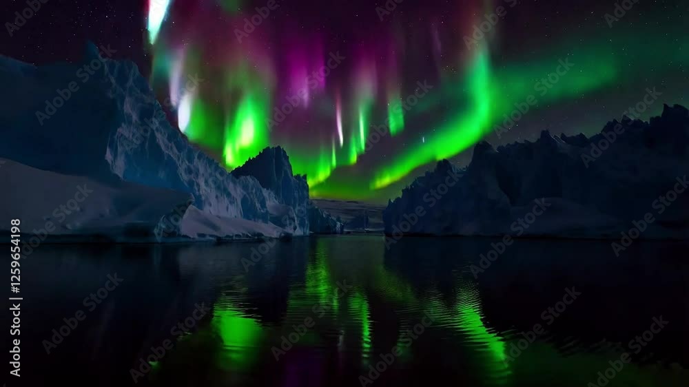 Northern Lights over ice floes, with reflections in the water