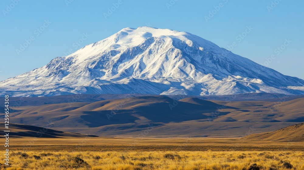 Majestic snowy mountain towering above golden grasslands landscape