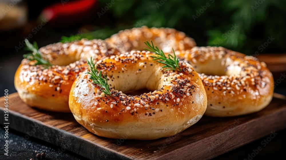 Freshly baked bagels with seeds and herbs on top Freshly baked bagels with seeds and herbs on top