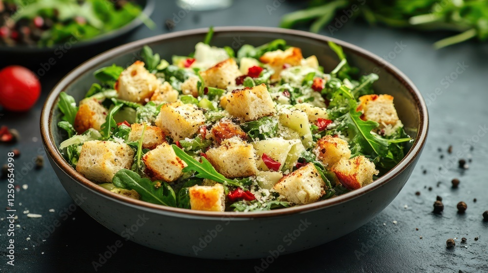 A salad with greens, croutons and dressing A salad with greens, croutons and dressing