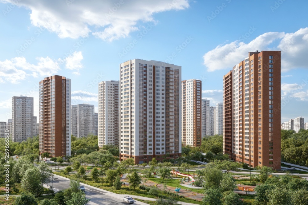 The facade of the new residential high-rise buildings against the sky . The concept of building a typical residential neighborhood. The facade of the new residential high-rise buildings against the sky . The concept of building a typical residential neighborhood.