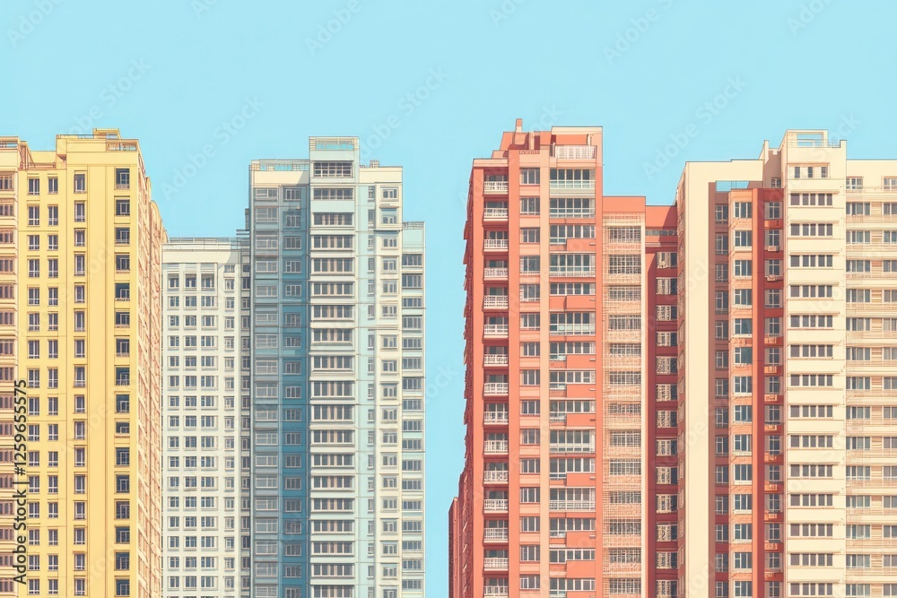 The facade of the new residential high-rise buildings against the sky . The concept of building a typical residential neighborhood. The facade of the new residential high-rise buildings against the sky . The concept of building a typical residential neighborhood.