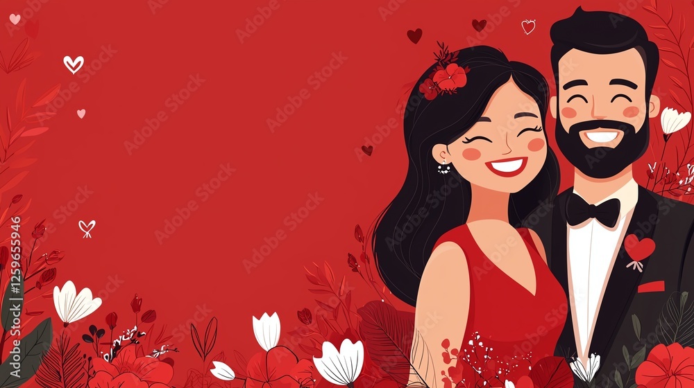 A cheerful couple in formal attire smiles against a vibrant red background adorned with hearts and flowers, celebrating love and togetherness. A cheerful couple in formal attire smiles against a vibrant red background adorned with hearts and flowers, celebrating love and togetherness.