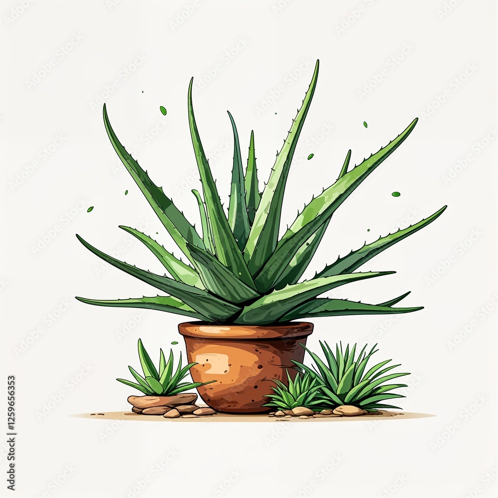 Fototapeta premium Aloe Vera plant cartoon illustration on plain white background