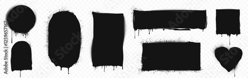 Graffiti spray paint frames set in black color with dripping effect and spatter dots. Stencil shapes - circles, rectangles, heart filled with dark ink. Urban art border elements with rough texture.