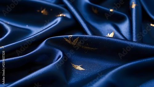 Deep royal blue silk fabric folds with golden highlights for background