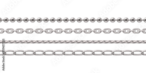 Silver or white gold chain jewel collection - metallic beaded necklace, braided pattern, interlocking oval links, twisted rope design. Realistic elegant accessories set for jewelry catalog design.