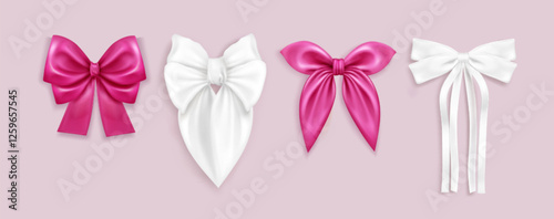 3D coquette bow collection with pink and white ribbons on pastel background. Realistic silky feminine decoration elements of various shapes and lengths. Luxurious satin knots set for festive design.