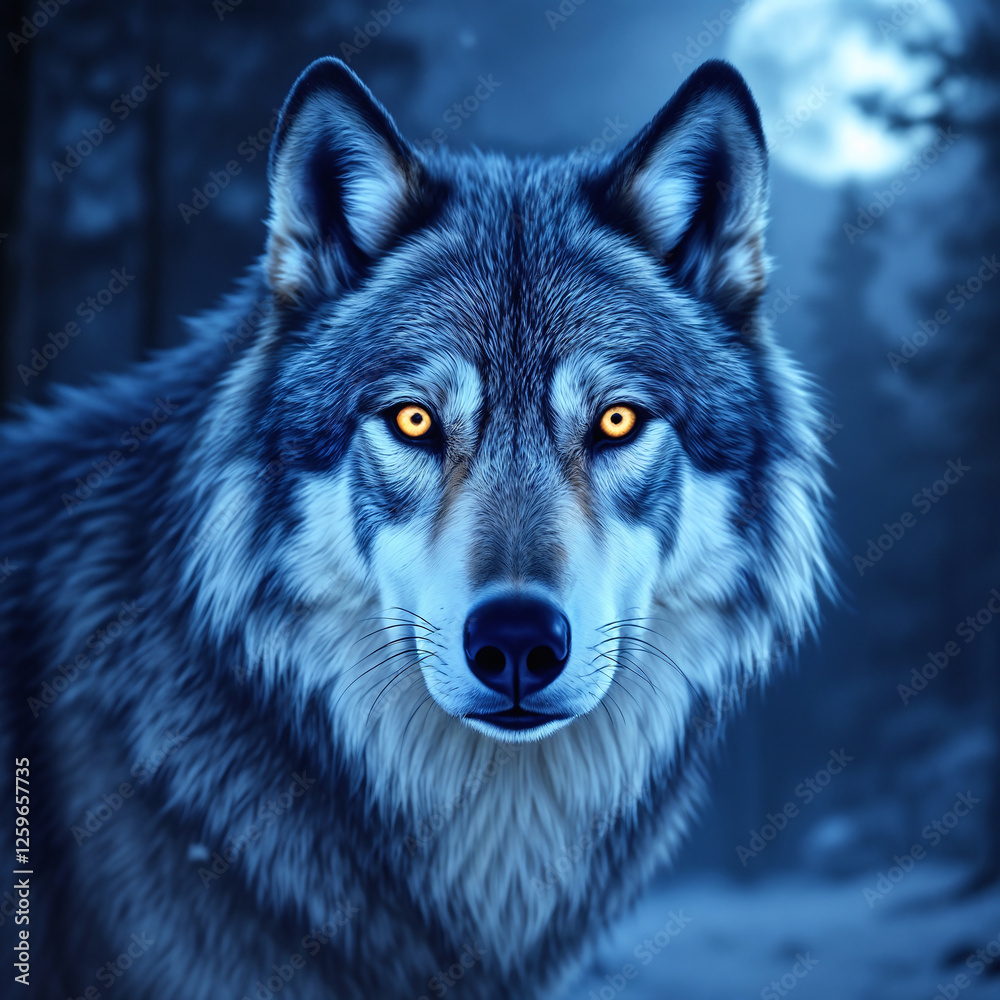 Fototapeta premium Mystical Blue Wolf with Glowing Eyes Against Moonlit Forest