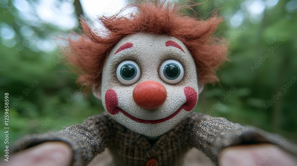 Fototapeta premium Clown puppet selfie, woods background, whimsical photo