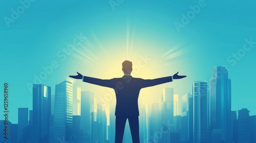 A businessman stands with arms outstretched, overlooking a cityscape at sunrise.