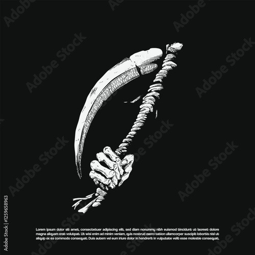 Hand drawn skeletal hand gripping a scythe. large curved blade that appears weathered and slightly chipped vector