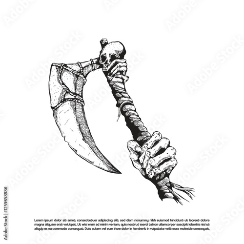skeleton hand gripping a scythe. curved scythe blade with skull head illustration