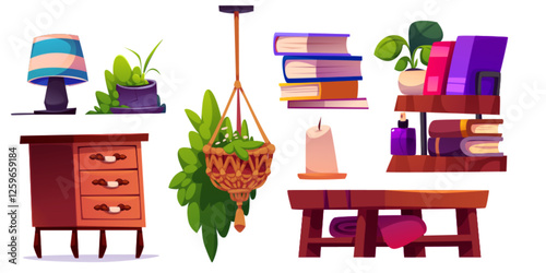 Boho living room interior set with table lamp, wooden chest of drawers, hanging macrame planter, stacked books on shelf, decorative candle, potted plant and table. Home decor in bohemian style.