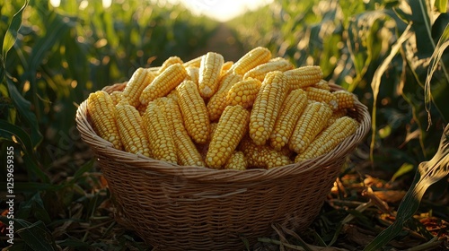 A basket overflowing with golden corn cobs in a sunlit field surrounded by green stalks