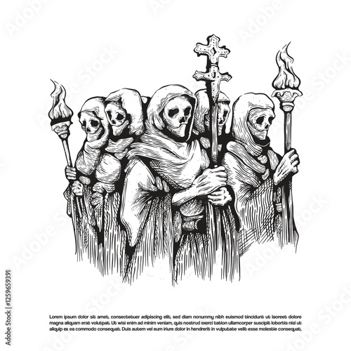 Vintage dark art group of skeleton figures dressed in hooded robes, each skeleton holding torch and cross staff. satanic cult vector illustration