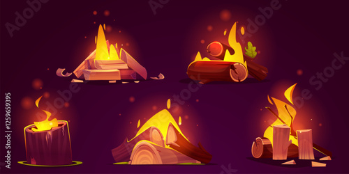 Burning wood logs and campfire set with glowing flames. Cut timber pieces, round stumps, wooden planks with bright yellow fire light for camping. Bonfire collection with sparks, embers effects.