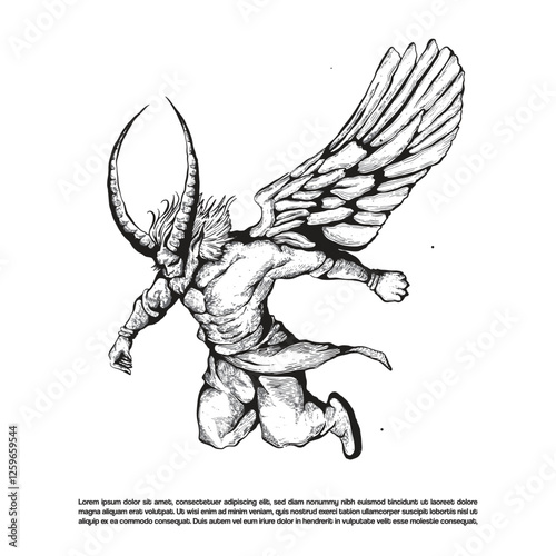 Flying muscular demon with horns and wings vector dark art